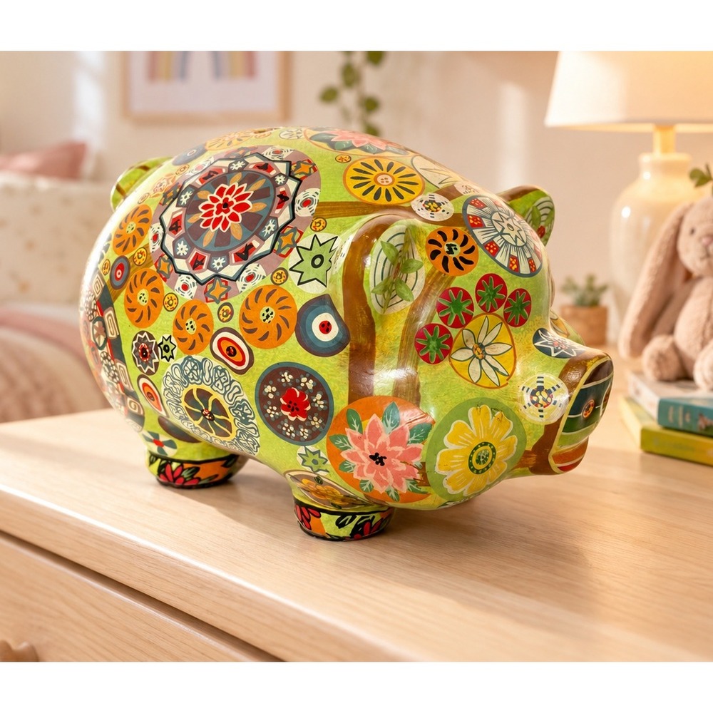 Piggy Bank - VTG Green Hippie Floral Pattern Pig - Size 9.5x6x6